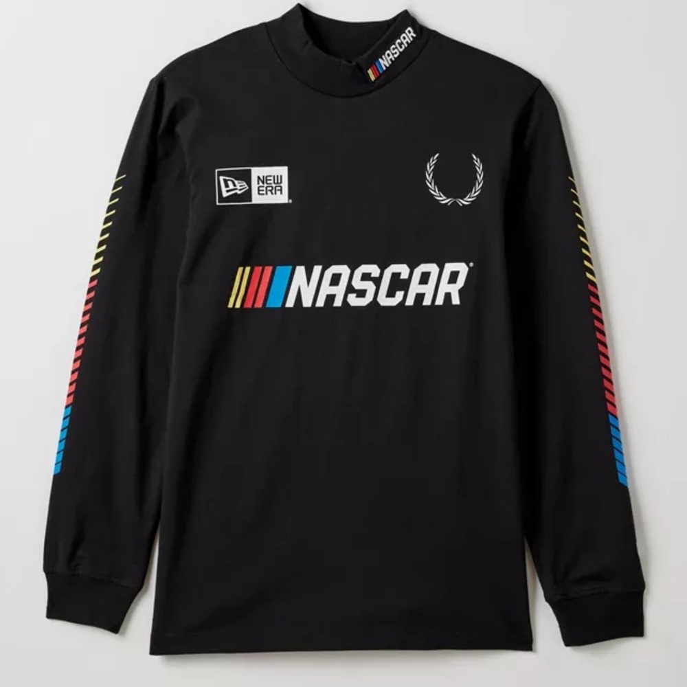 New NASCAR Black Mock Neck Long Sleeve Tee f-150 Crewneck with multi Logo